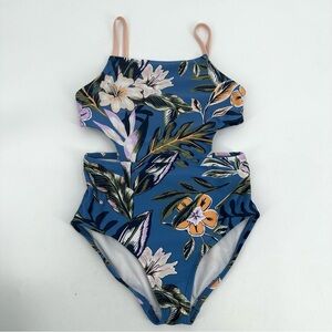 Osh Kosh Swimsuit Girls 7 Blue Floral One Piece Cutouts Beachy Tropical READ